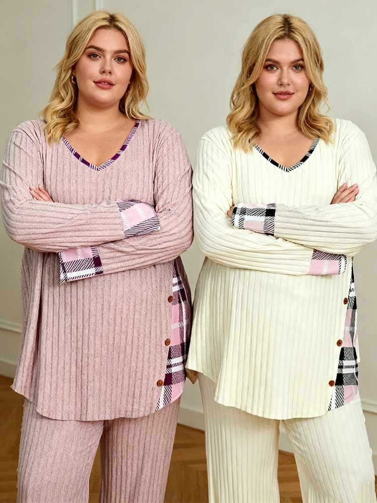 클리어런스 플러스 사이즈 여성 스웨터 겨울용 대형 사이즈 컬러 블록 브이넥 풀오버 따뜻한 빅 사이즈 여성 의류 스트립 스플라이스 탑