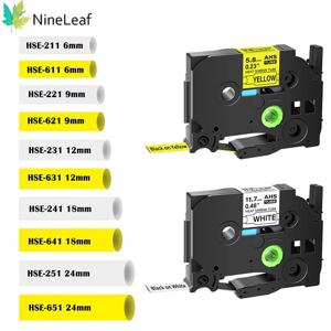 NineLeaf 열 수축 튜브 테이프, 브라더 HSE-211 호환, P-터치 프린터 라벨링 기계용, 24 221 231 621, 6mm, 9mm, 12mm, 18mm, 24mm