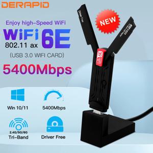 WiFi6E AX5400 USB 3.0 무선 어댑터 PC/노트북 Win10/11 드라이버용 고이득 안테나가 있는 2.4GHz/5GHz/6GHz Wi-Fi 부스터 무료