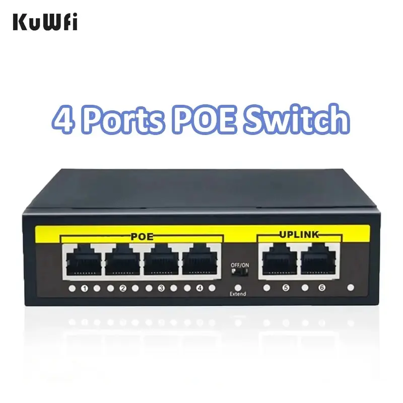 KuWFi IP 카메라 CCTV용 인젝터 스위처, 4 포트 와이파이 스마트 IP 스위치, 100Mbps 스위치 이더넷, RJ45, 48V
