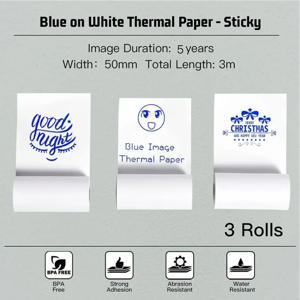 흰색 열전사 용지에 파란색 틱키 파란색 인쇄 백서 3롤 57mm 포켓 프린터용 감열지 사진 텍스트 연구 노트