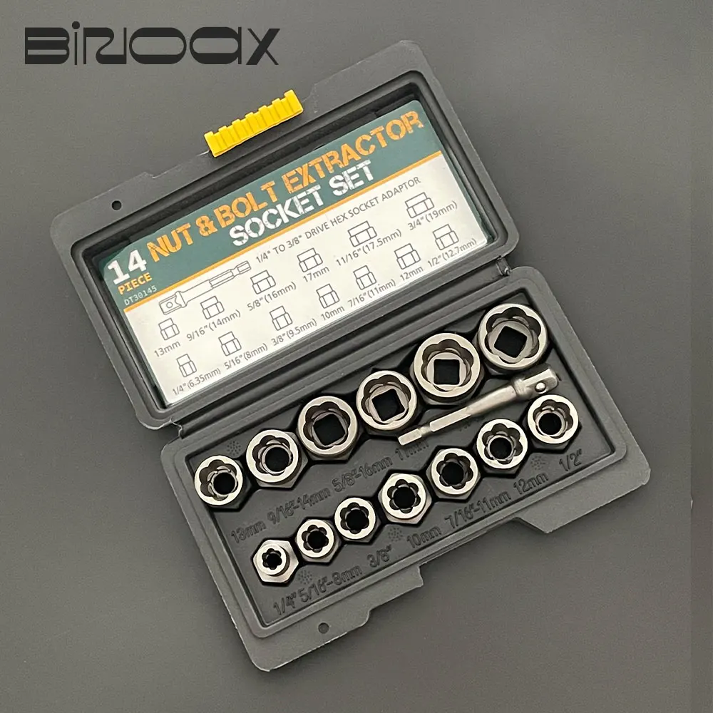 14 Pcs 임팩트 볼트 및 너트 리무버 세트 Cr-Mo 강철 볼트 추출기 도구 세트(산업용 솔리드 보관 케이스 포함)
