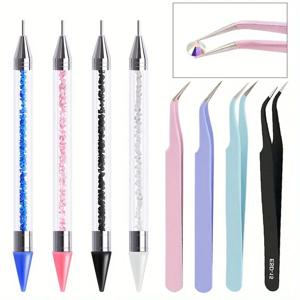 크레용 스테인레스 스틸 핀셋 네일 아트 접목 속눈썹 매니큐어 도구와 매니큐어 양면 다이아몬드 펜 2Pcs 세트