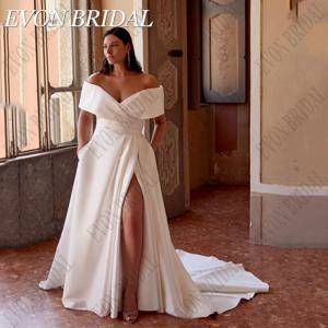 EVON BRIDAL 우아한 오프숄더 웨딩 원피스, 플러스 사이즈 신부 측면 분할 새틴 신부 가운, 포켓 맞춤형 웨딩 가운EVON BRIDAL 우아한 오프숄더 웨딩드레스 플러스 사이즈 신부 측분단 신부 드레스, 맞춤형 포켓 웨딩드레스