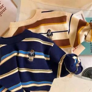 아동용 스웨터 2025 멋진 봄 한국어 버전 캐주얼 만화 베이비 탑, 서양 자수 줄무늬 니트 풀오버