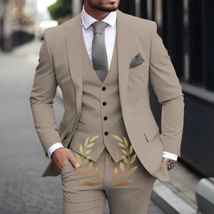 남성용 카키색 3 피스 정장 클래식 피크 라펠 비즈니스 정장 웨딩 신랑 슬림 피트 우아한 신사 스타일 패션 블레이저