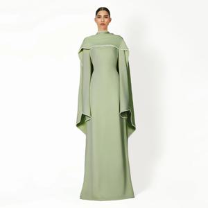 맞춤형 세이지 그린 웨딩 게스트 드레스 여성용 O넥 긴 소매 단정한 정장 파티 가운 롱 펄 숄 이브닝 드레스