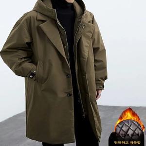 트렌디한 한국 스타일 남성 재킷 코트 봄 가을 신상 후드 파카 중간 길이 바람막이 캐주얼 청년 폴리에스터 섬유