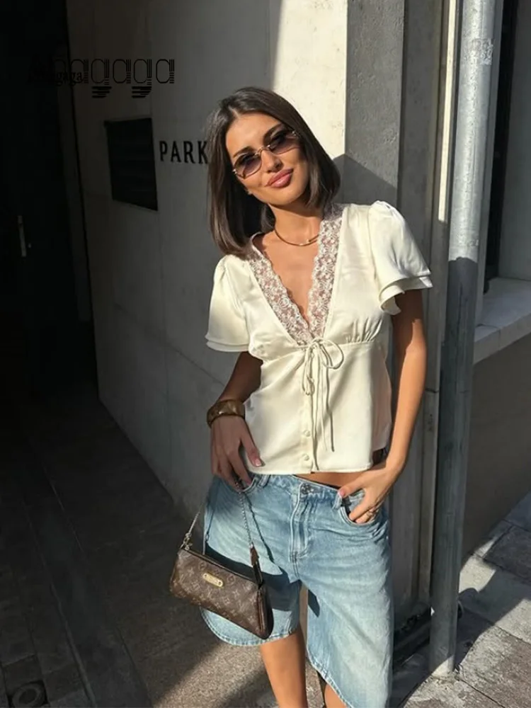 아하가가 캐주얼 여성용 탑 솔리드 레이스 넥 반팔 새틴 슬림 버튼 레귤러 엘레강스 스트릿웨어 티셔츠 여성 베이직 티셔츠