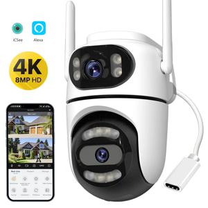 8MP 4K HD Wifi PTZ 카메라 iCsee 앱 듀얼 렌즈 듀얼 스크린 비디오 감시 IP 카메라 AI 추적 야외 가정용 보안 CCTV