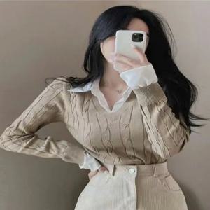 시크한 가을 겨울 빈티지 프레피 스타일 트윌 니트 탑 여성 패션 페이크 투피스 셔츠 긴팔 크루넥 풀오버