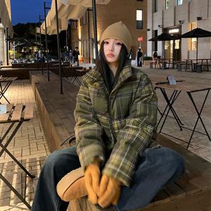 Y2K 스트리트 체크 프린트 솜 패딩 재킷 여성용 겨울 두꺼운 따뜻한 푸퍼 코트 한국 레트로 학생용 다운 코튼 파카