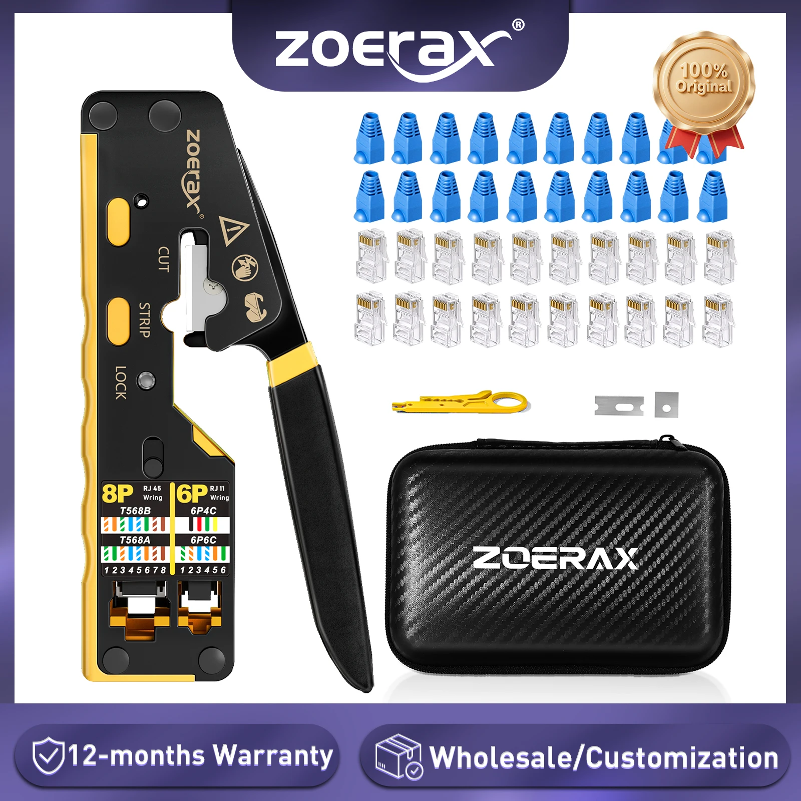 ZoeRax RJ45 네트워크 도구 키트(CAT6 크림퍼 도구 포함), 20개 CAT6 CAT5 커넥터 및 플러그 커버, 미니 와이어 스트리퍼, 블레이드