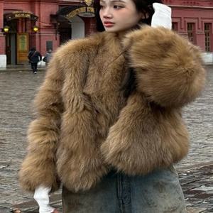 패셔너블한 여우털 재킷 여성용 짧은 스탠드 칼라 젊은 스타일 따뜻한 외투 출퇴근 스타일 루즈핏 긴 소매 코트