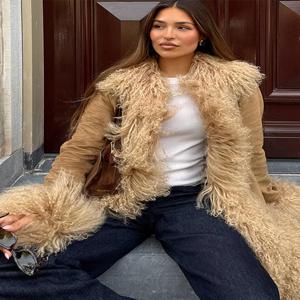 올리브 그린 롱 코트 여성용 퍼지 칼라 및 커프스 큰 라펠 칼라 더블 브레스티드 코트 2025 겨울 여성 데일리 캐주얼 아우터웨어