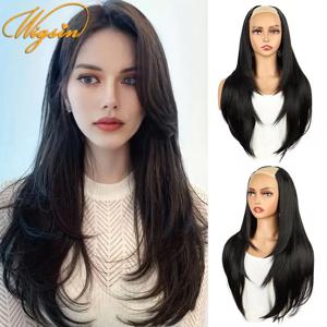 WIGSIN 합성 55cm V 자형 레이어드 4 클립 긴 스트레이트 헤어 익스텐션 여성용 자연 보이지 않는 헤어 피스 가발