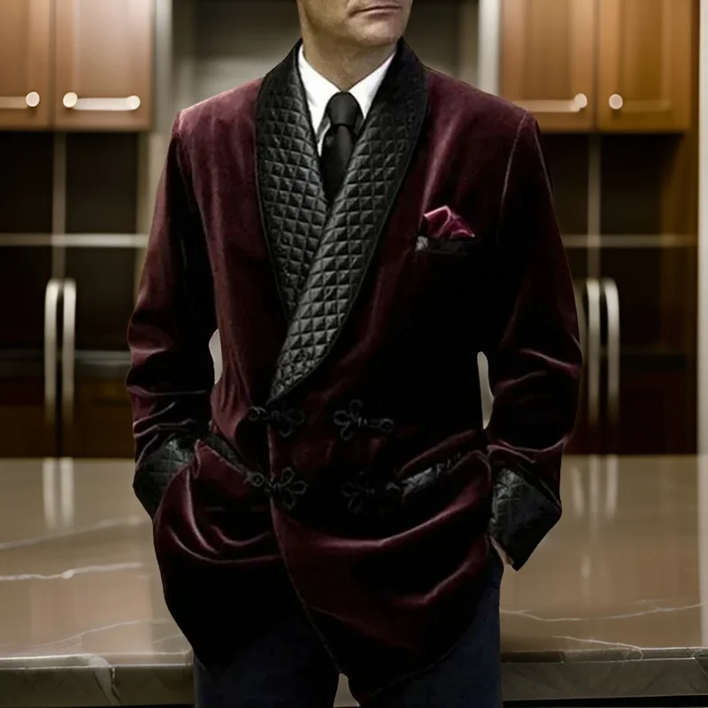 벨벳 흡연 재킷 만다린 버튼 숄 라펠 롱 캐주얼 비즈니스 블레이저 2024, 남성 패션 코트, 1 개
