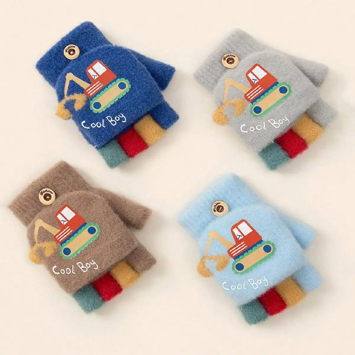 1 쌍 어린이 소년 소녀 만화 굴삭기 반 손가락 플립 커버 겨울 따뜻한 장갑, 유아 야외 니트 내한 장갑