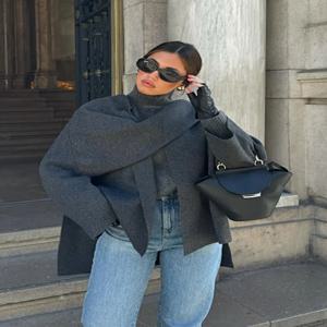 가을 겨울 새로운 여성 케이프 솔리드 긴 소매 니트 코트 패션 스카프 칼라 따뜻한 여성 짧은 재킷 우아한 streetwear