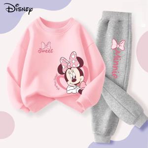 디즈니 봄 가을 어린이 풀오버 세트 미니 인쇄 소녀 의류 세트 통기성 얇은 어린이 운동복 바지 2pcs 정장