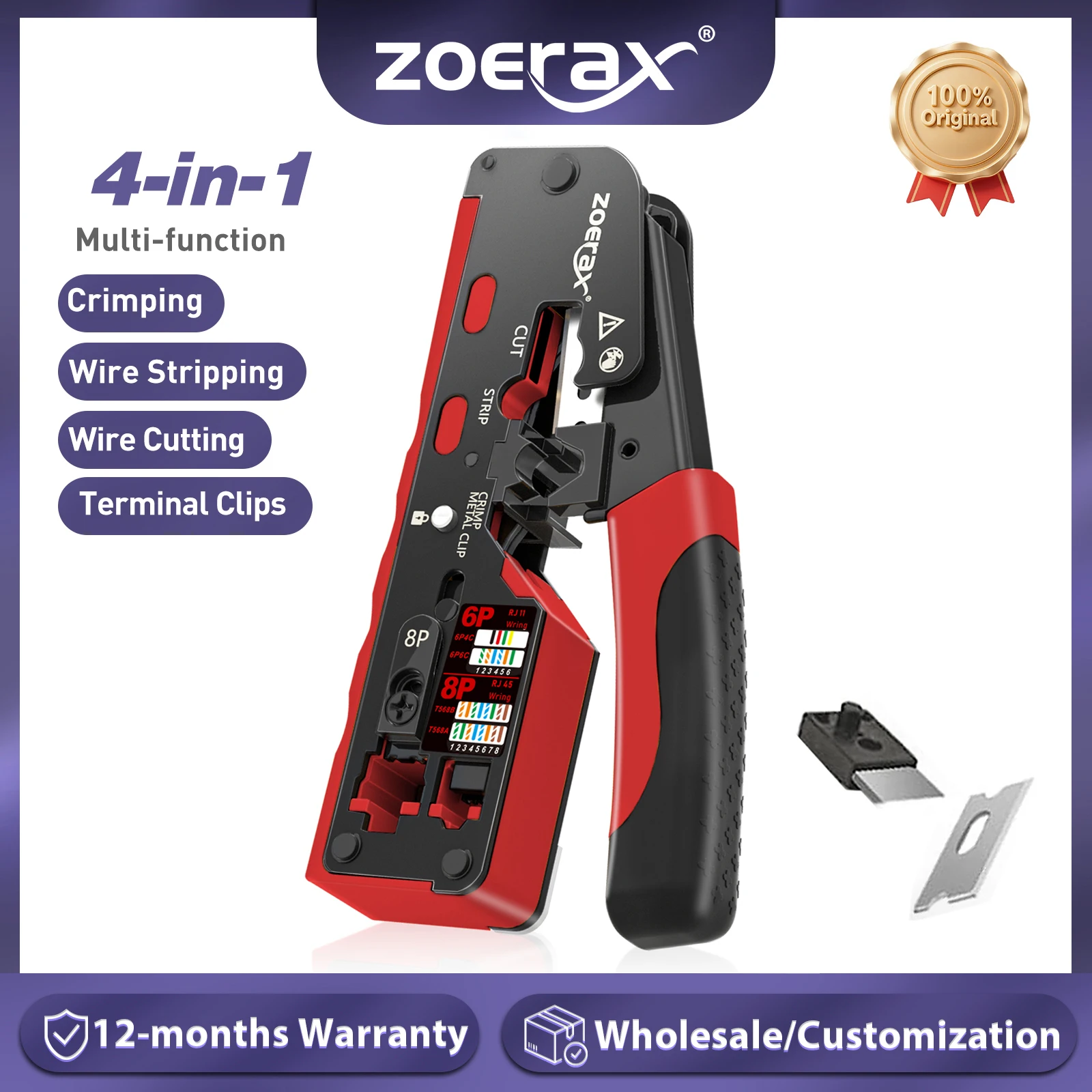 ZoeRax RJ45 CAT7 CAT6A Cat7/6a/6/5e 네트워크 커넥터용 압착 도구 와이어 커터 와이어 스트리퍼 블레이드가 있는 이더넷 크림퍼