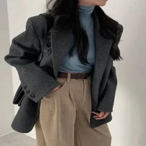 그레이 모직 정장 재킷 여성용 영국 스타일 레트로 하이 엔드 느낌 작은 사이즈 세련된 통근 루즈핏 긴 소매 코트