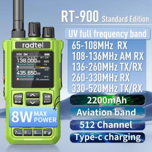 Radtel RT-900 녹색 8W 풀 밴드 햄 라디오 워키 토키 512CH 에어 밴드 양방향 라디오 방송국 항공 NOAA Marine River PTT