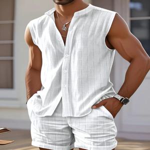 2025 유럽과 미국 남성 여름 조끼 셔츠 캐주얼 루즈 민소매 솔리드 컬러 반바지 비치 슈트