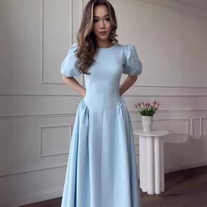 달콤한 반팔 여성 드레스 여름 2025 신상 빈티지 파티 가운 미디 길이 폴리에스터 섬유 버블 슬리브 KTV 의상