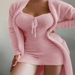 2025 여성 2피스 세트 홈웨어 가을 겨울 테디 슬림 드레스 + 가디건 코트 솔리드 벨벳 슈트 라운지웨어 의상 여성