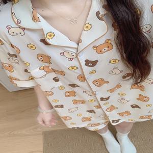 귀여운 만화 곰 여름 잠옷 여성 캐주얼 반팔 반바지 홈웨어 야외 착용 가능 편안한 수면복