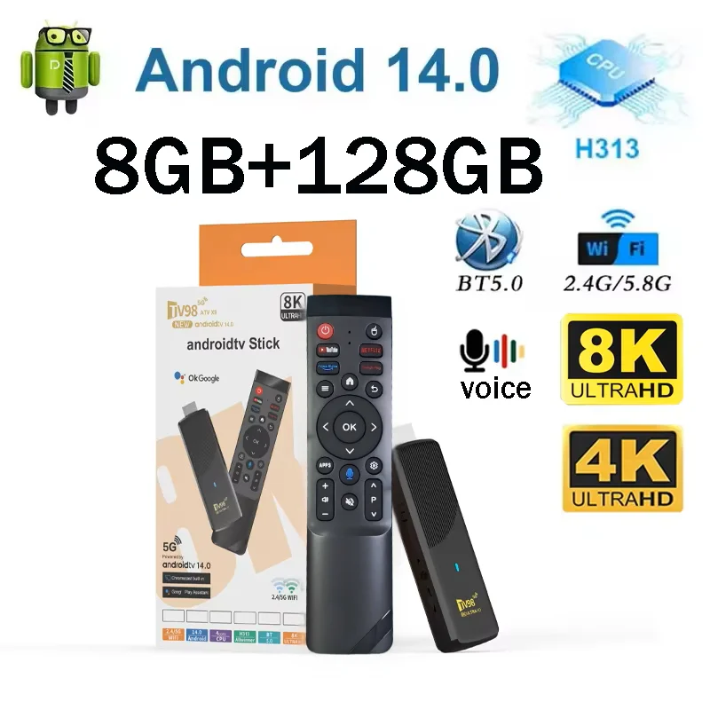 TV98 ATV X9 스마트 TV 스틱 안드로이드14 올위너 H313 OTA 8GB 128GB 8K 4K 미디어 플레이어 지원 4G 5G 와이파이6 HDR10 음성 리모컨 IPTV