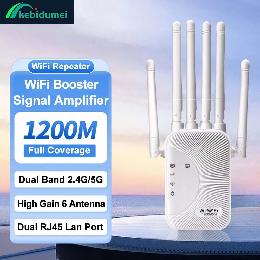 Kebidumei 1200Mbps WiFi 리피터 2.4G 5G 증폭기 홈 오피스 네트워크 범위 확장기 WiFi 신호 부스터 무선 Wi-Fi 라우터