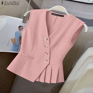 ZANZEA 세련된 대각선 프론트 조끼 여성 캐주얼 v 넥 민소매 주름 밑단 경량 조끼 사무복 통근 탑