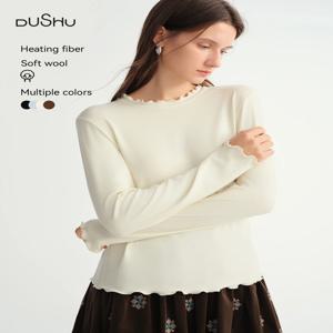 DUSHU 셀프 히팅 울 티셔츠 하프 하이 칼라 소프트 니트 여성용 롱라인 브라렛 가을 겨울 커브드 솔리드 컬러 풀오버