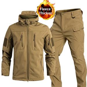 남성 세트 자켓 겨울 바지 방수 코트 플리스 안감 후드 스노우보드 소프트쉘 전술 바지 다중 포켓