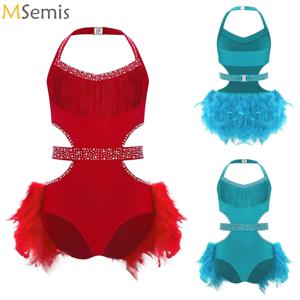 새로운 깃털 라틴 댄스 드레스 소녀 어린이 민소매 컷 아웃 레오타드 드레스 댄스 반짝 이는 발레 스케이트 공연 의상