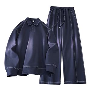 투피스 세트 남성 2025 가을 신상 남성 캐주얼 아웃도어 세트 스퀘어 넥 긴팔 루즈 티셔츠 신축성 있는 허리 편안한 바지