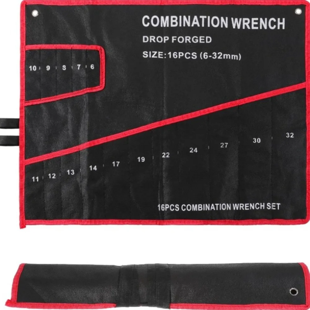 16포켓 블랙 공구 가방 (빨간색 스티치) - 정비공 및 장인을 위한 컴팩트 렌치 정리함, 안전한 지퍼 및 다중 포켓