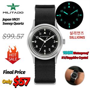 밀리타도 뉴 ML14 쿼츠 시계 남성용 VH31 스윕 무브먼트 K1 또는 사파이어 100M 방수 발광 36mm 빈티지 밀리터리 시계