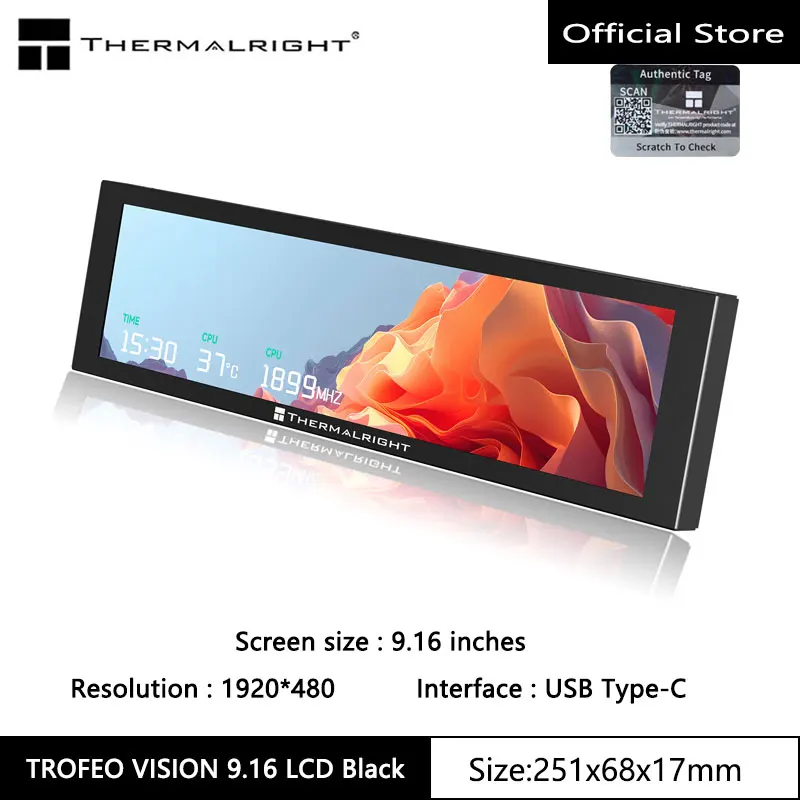 Thermalright TROFEO VISION LCD IPS 풀 컬러 LCD 화면, 9.16인치/자석/1920*480 해상도/USB Type-C 포트 디스플레이 화면