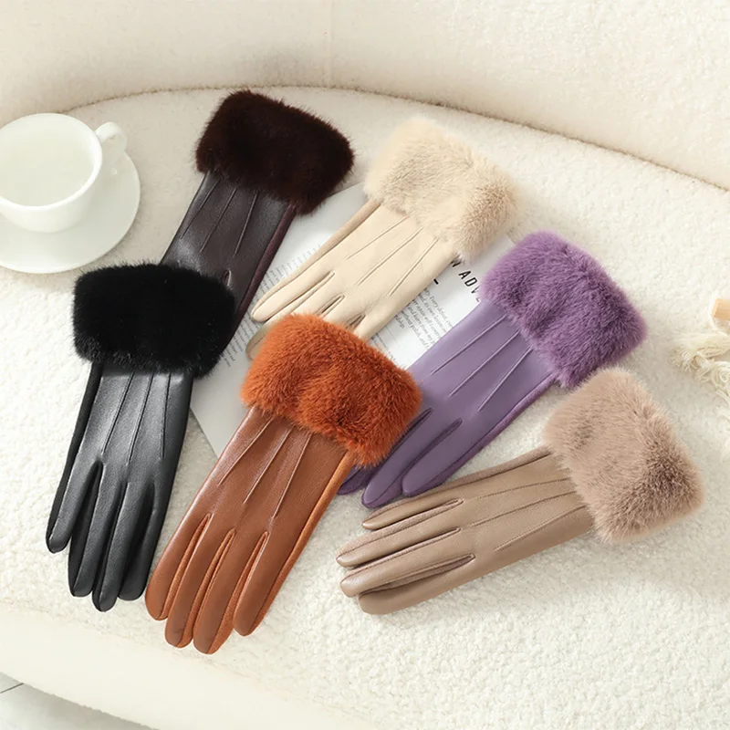 여성을위한 새로운 가죽 유행 부드러운 장갑 인공 모피 커프스 겨울 따뜻한 터치 스크린 장갑 우아한 방수 장갑