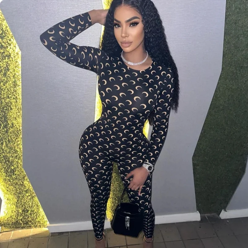 여성 점프수트 아메리칸 레트로 슬림핏 섹시한 달 프린트 긴팔 라운드넥 타이트 핏 레깅스 다용도 가을