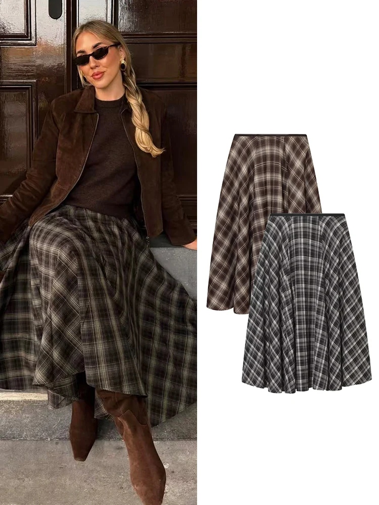    TFMLN 여성 빈티지 체크 스커트 패션 A라인 우산 스커트 루즈핏 캐주얼 스트리트 미디 스커트 포켓 포함 여성용 신상