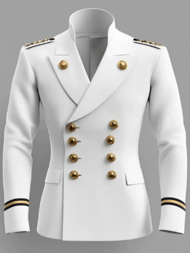 비즈니스 고급 남성 정장 슬림핏 피크 스탠드 칼라 포멀 프롬 턱시도 우아한 더블 브레스티드 스트라이프 커프스 남성 블레이저