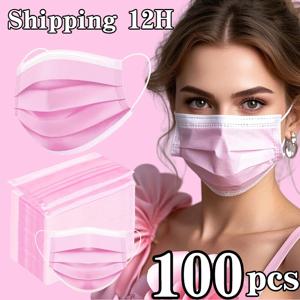 조절 가능한 코 팁이 있는 분홍색 일회용 3겹 보호 마스크 100개 - 통기성이 있고 가벼우며 야외 활동에 매우 적합합니다.