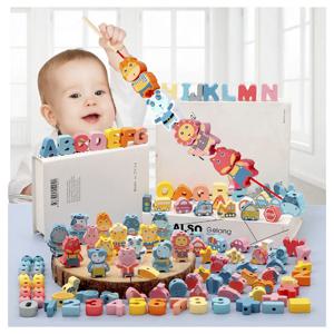 어린이 몬테소리 나무 레이싱 장난감 어린이를위한 DIY 나무 구슬 만화 동물 과일 편지 디지털 비즈 스레딩 장난감 선물