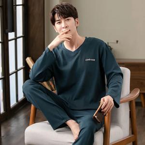 남성용 v 넥 코튼 잠옷 세트 가을 긴 소매 탑 + 긴 바지 Nightwear Home Wear Suits 남성용 간단한 패션 잠옷