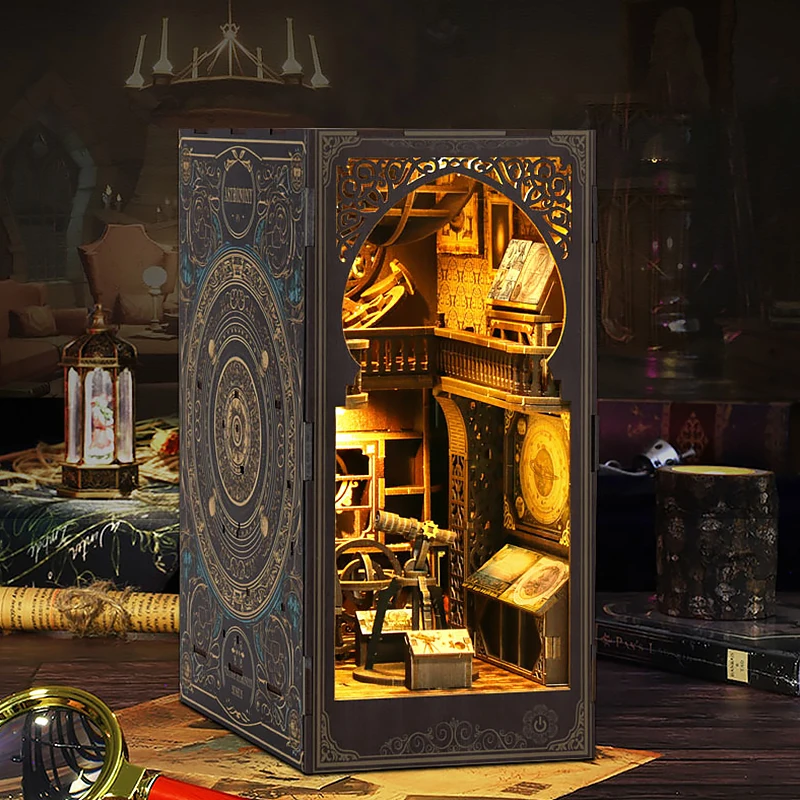 책장 세트 DIY 책 구석 키트 3D 나무 인형 집 퍼즐 책장 삽입 장식 LED 라이트 인형 집 모델 생일 선물