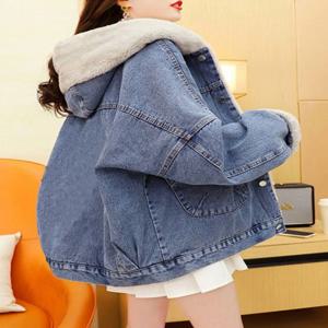 여성 데님 재킷 가을 겨울 두꺼운 따뜻한 루즈핏 코튼 코트 후드 통근 스타일 레귤러 소매 길어진 아우터웨어